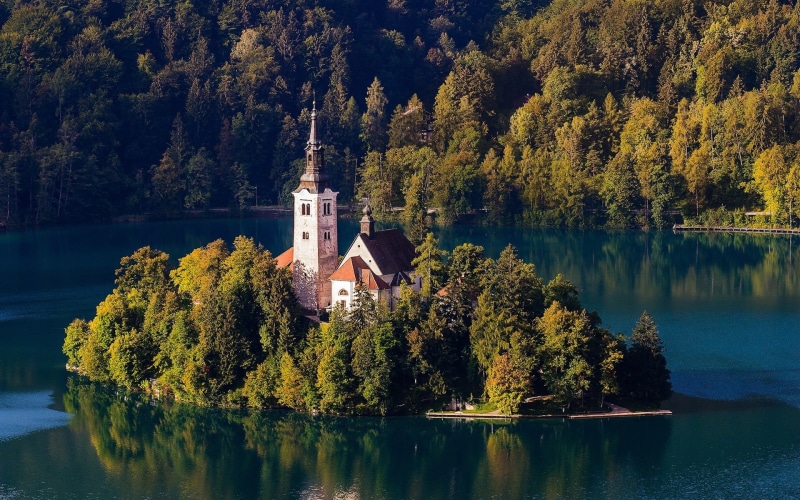 Slovenia, Bled, 1080P, Lake, Island, Trees, Church