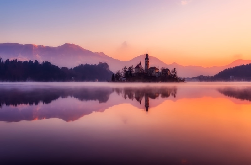 reflecting, golden, church, forest, tourism, mountain, body, sunrise, scenics - nature, slovenia, house, haze, lake, photo, nature, morning, mountains