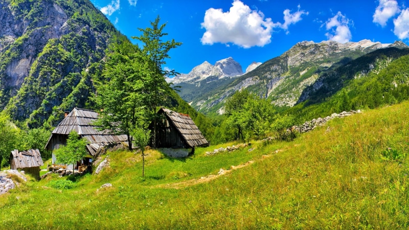House, Trees, hut, near, 1080P, nipa, Slovenia, Mountains, gray, mountain, Grass, Sky, Clouds