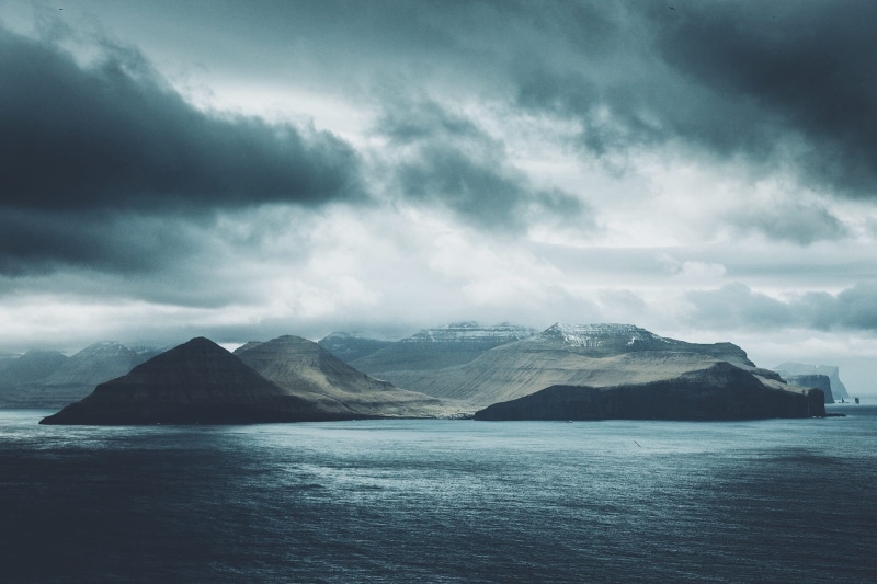 mountains, river, clouds, Faroe Islands, rain, storm, mist, 1080P