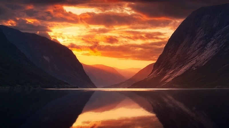 mountain range, nature, 720P, orange color, body, tranquility, mountain, remote, clouds, scenics - nature, water, romantic sky, waterfront, river