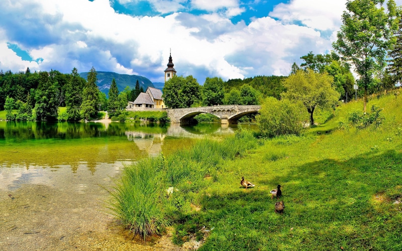 Summer, Slovenia, 2K, Bridge, River, Clouds, Church, Grass
