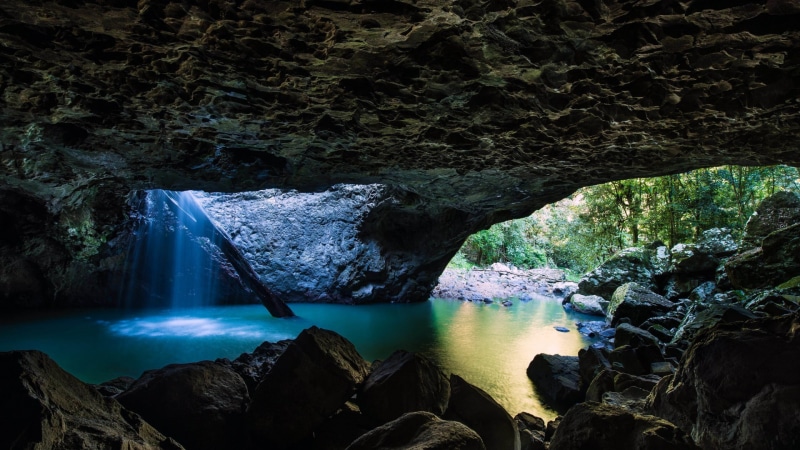 scenics - nature, rock formation, tranquil scene, no people, cave, rock, tree, outdoors, rocks, flowing water, river, 1080P, solid, tranquility, water