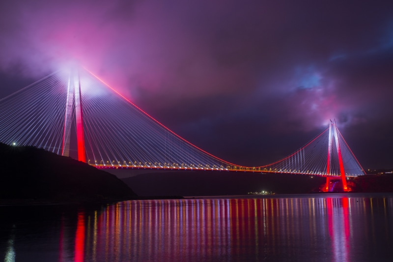 lighted, river, red, bridge - man made structure, nightlife, bridge, reflection, panoramic, nature, transportation, photography, modern bridge, suspension bridge