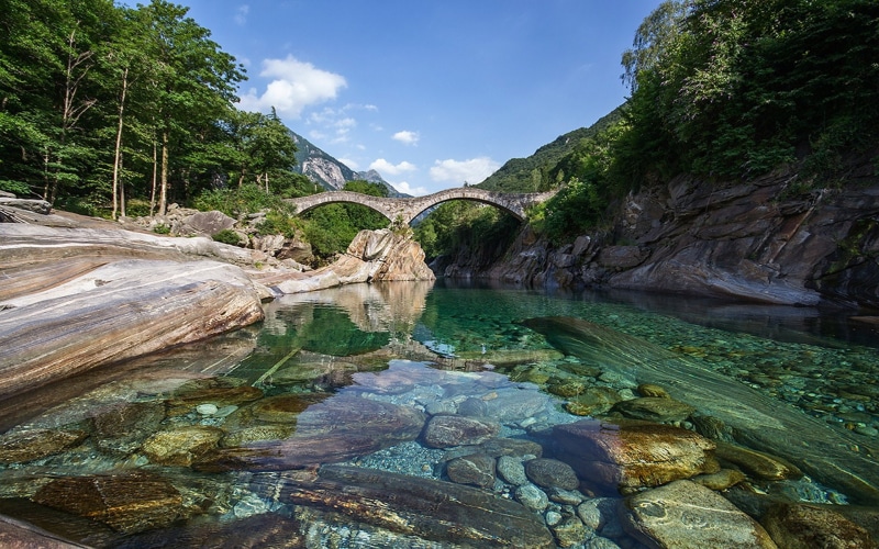 1080P, blue, stone, coast, clear, trees, switzerland, hd, verzasca, sky, europe, bridge, river, crystal, rocks, water, green, landscape, forest