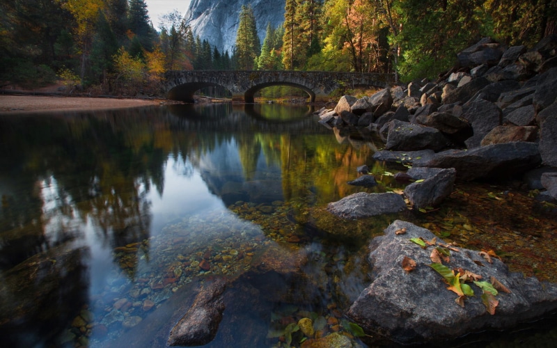 merced, 1080P, autumn, desktop, hd, yosemite, river, bridge, picture, states, landscape, nature, united