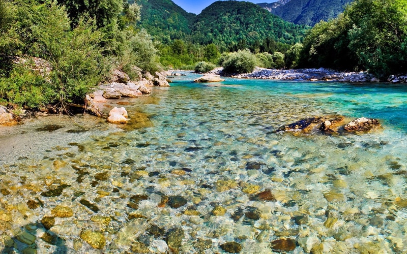desktop, rock, 1080P, sky, river, water, soca, turquoise, mountain, tree, bovec, slovenia, clear, nature