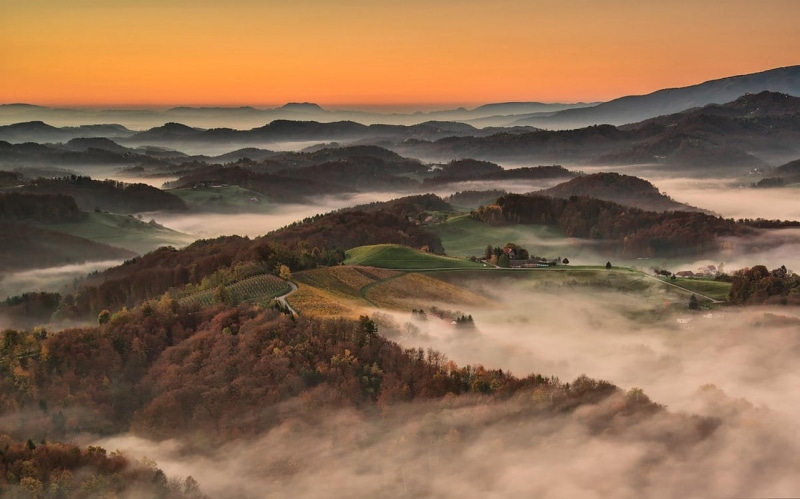 landscape, mountains, village, nature, no people, rural scene, tranquil scene, land, sun, tranquility, fog, scenics - nature, morning, environment, forest