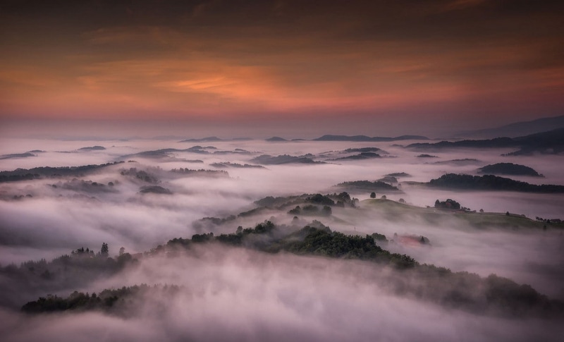 720P, hills, sky, Slovenia, photography, sunrise, mist, nature, valley, landscape, forest