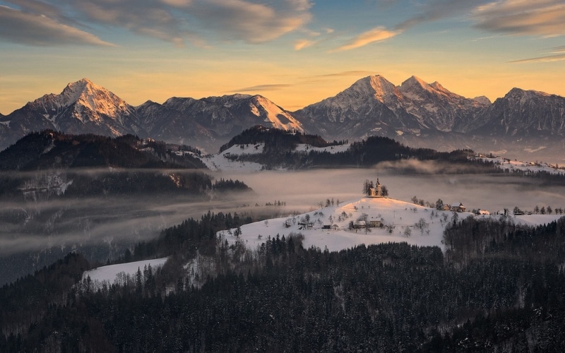 beauty in nature, landscape, 720P, mist, fog, snowcapped mountain, snow, winter, forest, Slovenia, tranquil scene, village, sunset, idyllic, cloud - sky