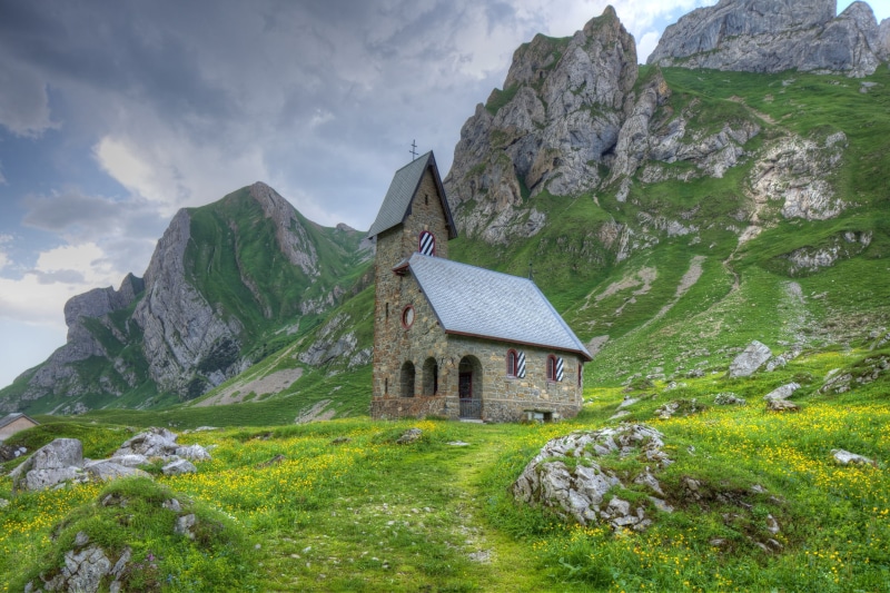 2K, nature, Kirche, HDR, surrounded, rocks, church, summer, house, europe, photo, Alpstein, european Alps, mountain