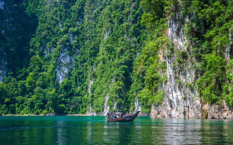jungle, waterfront, mode of transportation, day, water, lake, transportation, khao sok national park, mountain, tranquil scene, scenics - nature, 5K, tranquility