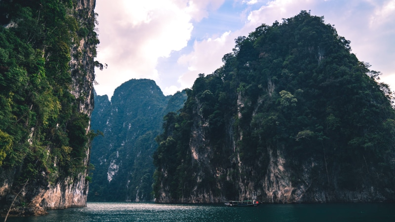 trees, nature, waterfront, nautical vessel, sky, cloud - sky, khao sok national park, mountain range, 4K, explore, rock formation, mountain, water, day