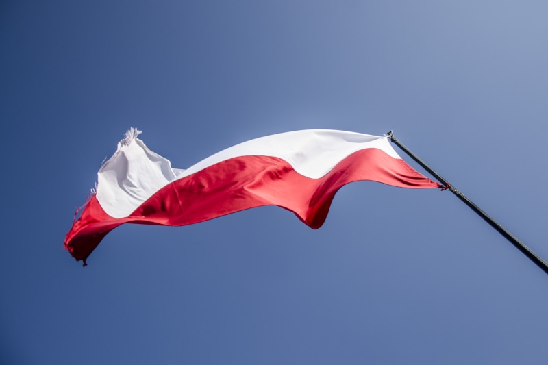 polish, banner, the ceremony, flying, the feast of the, silk, flag of poland, country, powiewająca, motion, nationality, blue background, copy space, clear sky