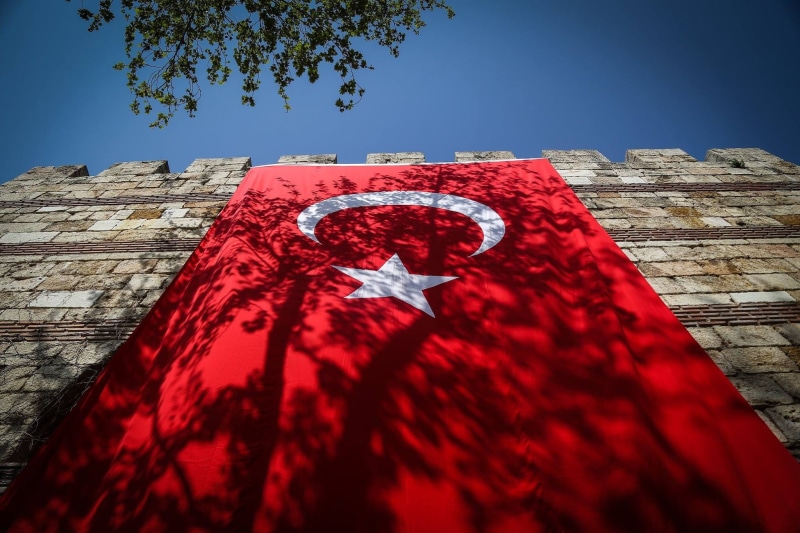 crescent, day, turkish, warning symbol, low angle view, red, tree, turk, blood, vacation, republic, travel, blue, built structure, star, Flag, wall - building feature