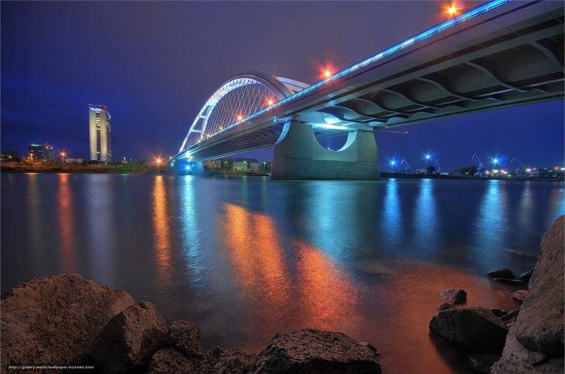lights, neon, bridge, long exposure, stones, architecture, Donau, Slovakia, 720P, river, Bratislava, night, reflection