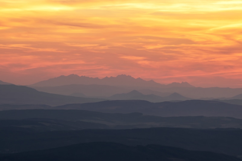 recreation, idyllic, non-urban scene, sunset, calm, landscape, summer, tranquility, hills, west, cloud - sky, vysoké tatry, scenic, mountain range, mountains