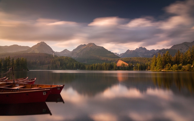 Slovakia, calm, hotel, forest, landscape, lake, 2K, mountains, clouds, nature, sunset, boat