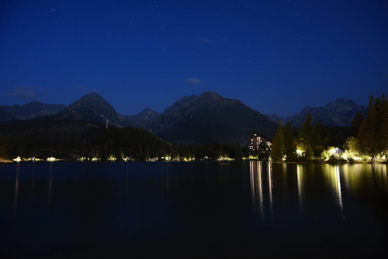 galaxy, Water, tranquility, illuminated, moonlight, beauty in nature, scenics - nature, mountain range, slovakia, astronomy, space, mountains tatry, reflection