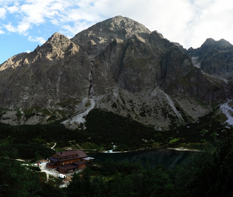 architecture, day, mountain range, 4K, beauty in nature, outdoors, cottage, mountain peak, green mountain lake, mountain, cloud - sky, plant, built structure