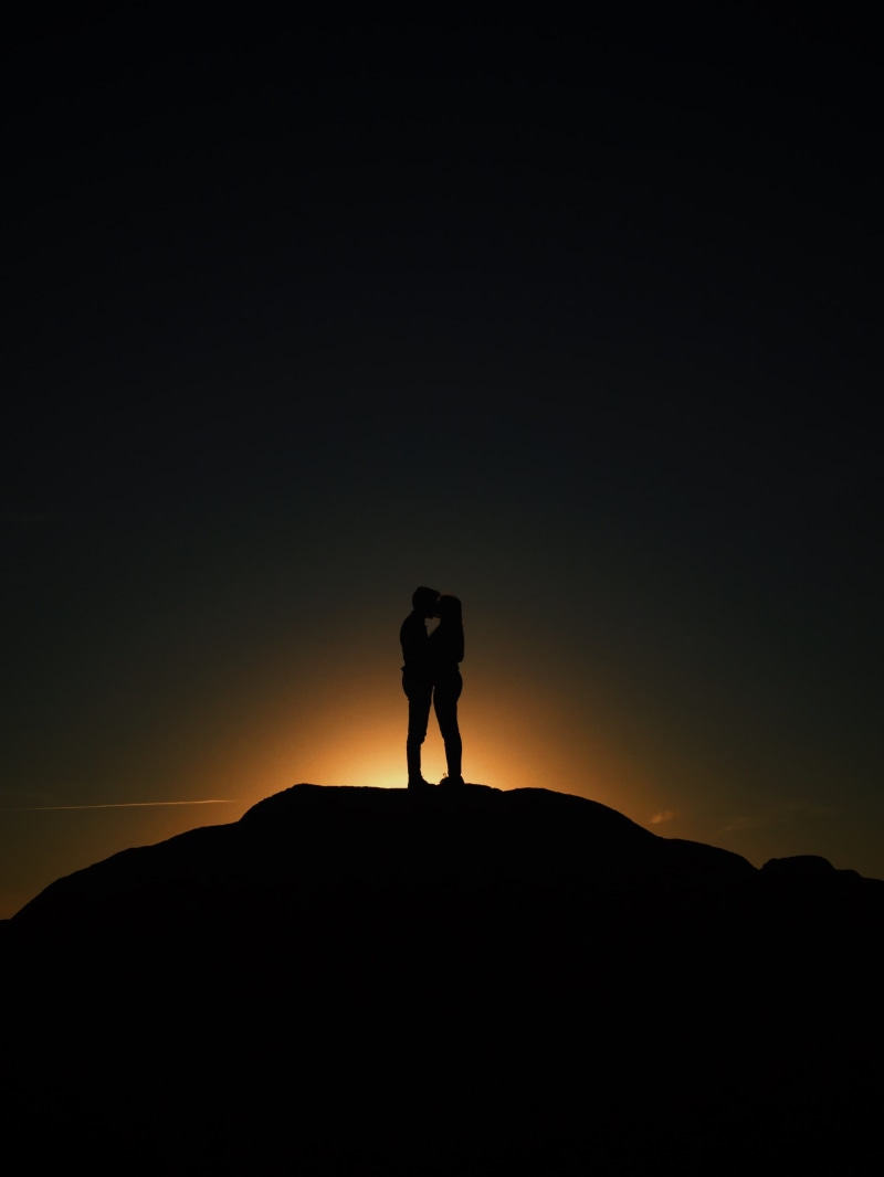 back Lit, nature, hiking, outdoors, sky, couple, adventure, silhouette, people, leisure activity, tranquil scene, man, kissing, standing, one Person, kiss