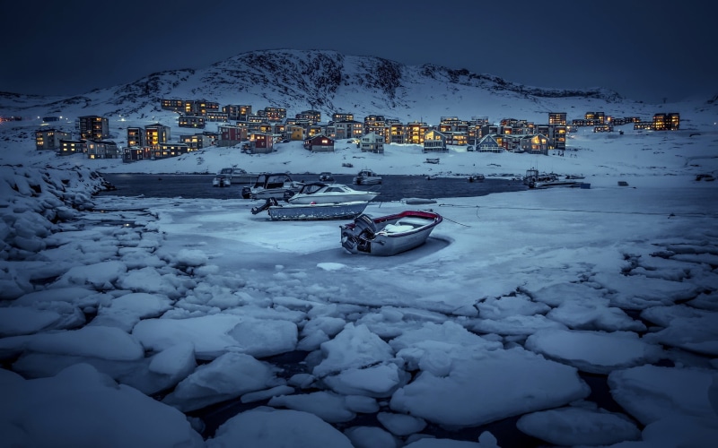 architecture, 2K, mode of transportation, evening, frozen, gray, nautical vessel, lights, boat, covering, ice, outdoors, transportation, Greenland, nature
