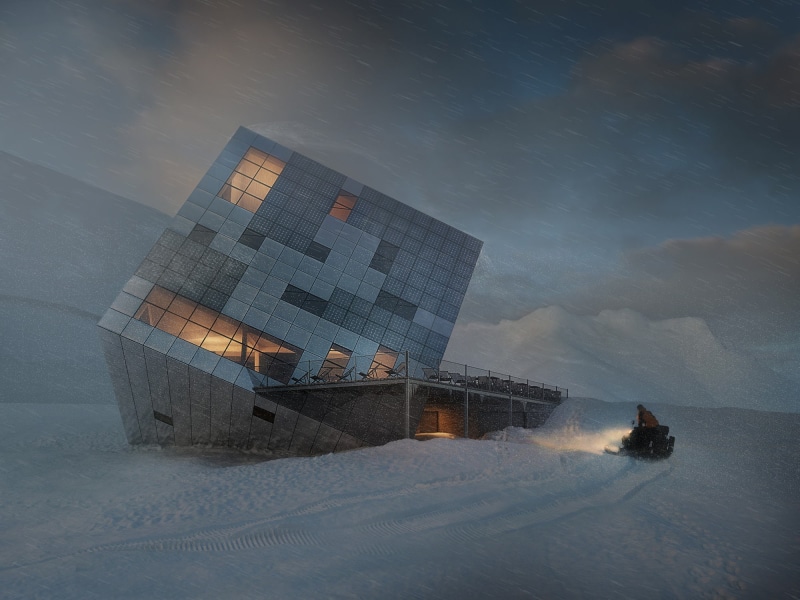 Slovakia, Snowmobile, cube, architecture, winter, Tatra Mountains, lights, modern, house, storm, mountains, 1080P, nature, snow, clouds, building, landscape