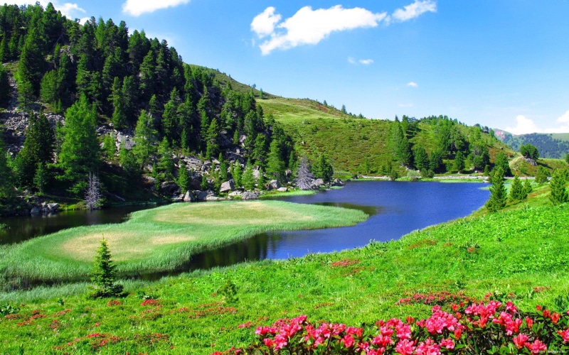 nature, slope, landscape, 2K, hd, sky, spring, river