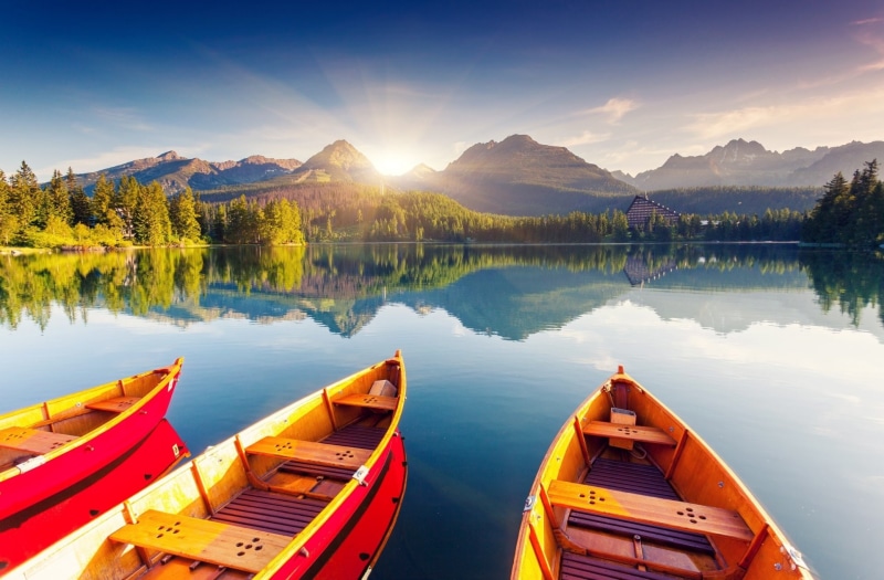 Lake, Slovakia, High Tatras, Boat, Mountain, Sunshine, 1080P, Vehicles