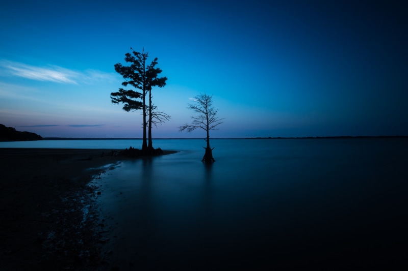 landscape, night, trees, lake, calm waters, calm, sky, 1080P, blue