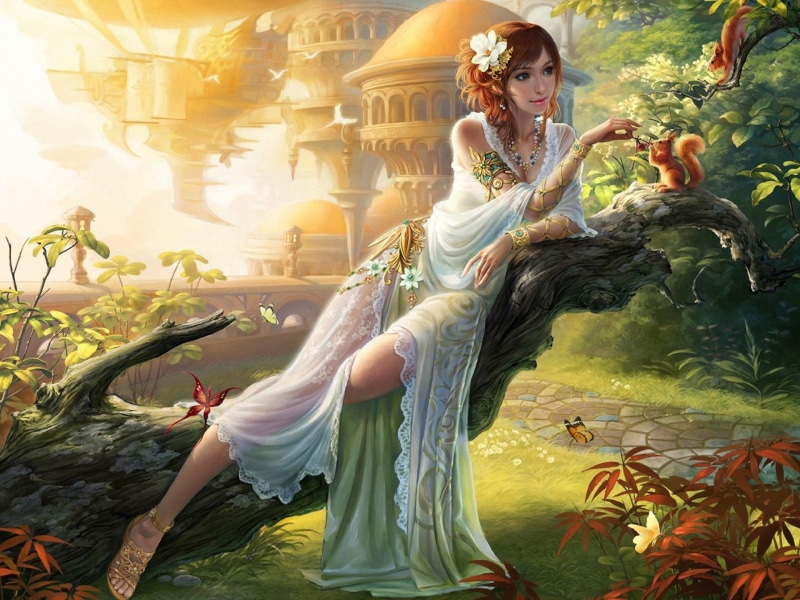Feeding, Walkway, Art, Squirrel, Butterfly, Girl, Fantasy, Garden, 1080P