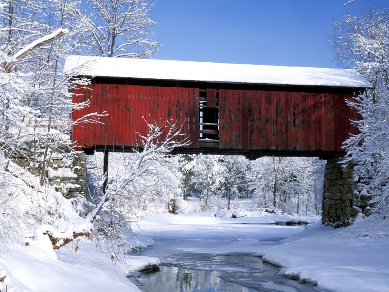 house, cold temperature, covering, river, bridge, white, building exterior, wood - material, winter, outdoors, tree, icicle, 720P, building, built structure