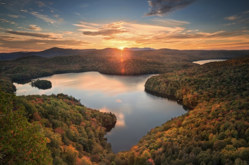 tranquil scene, scenics - nature, water, 1080P, beauty in nature, lake, sun, plant, mountain, environment, reflection, pond, Vermont, tree, sky, non-urban scene