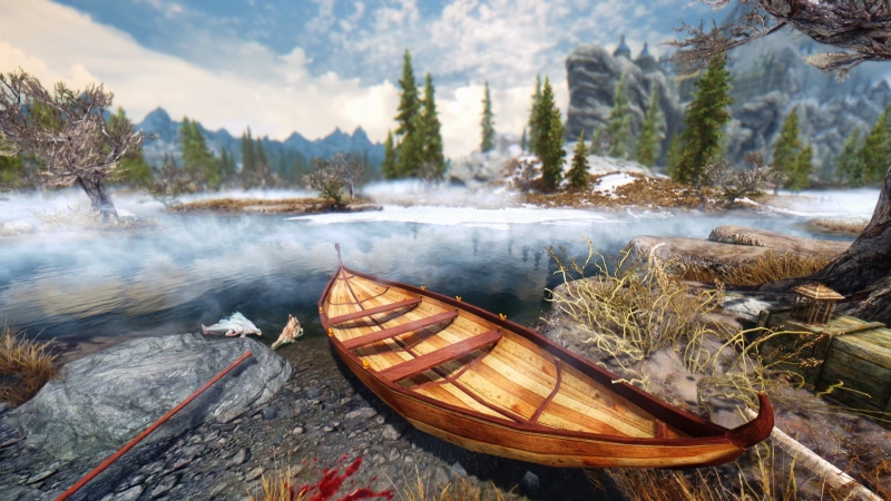 rowboat, 1080P, mountain, green, body, outdoors, wood - material, transportation, plant, lake, scenics - nature, trees, tree, forest, pine tree, painting
