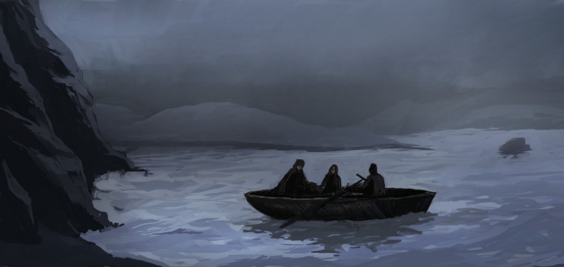 lake, night, 1080P, fantasy art, rowboat