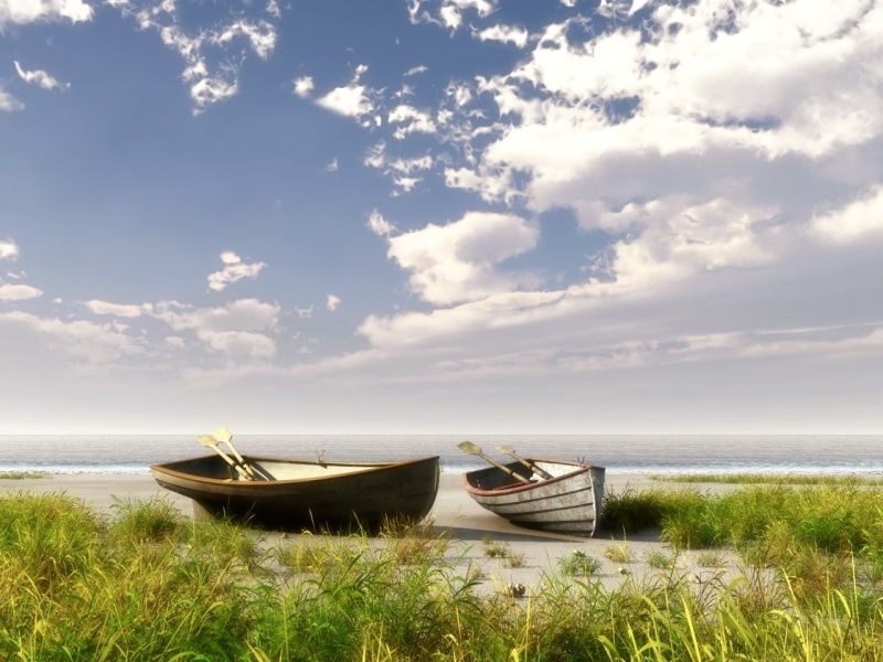 scenics - nature, clouds, grass, water, horizon over water, sky, cloud - sky, transportation, anchored, rowboat, tranquil scene, moored, nature, mode of transportation