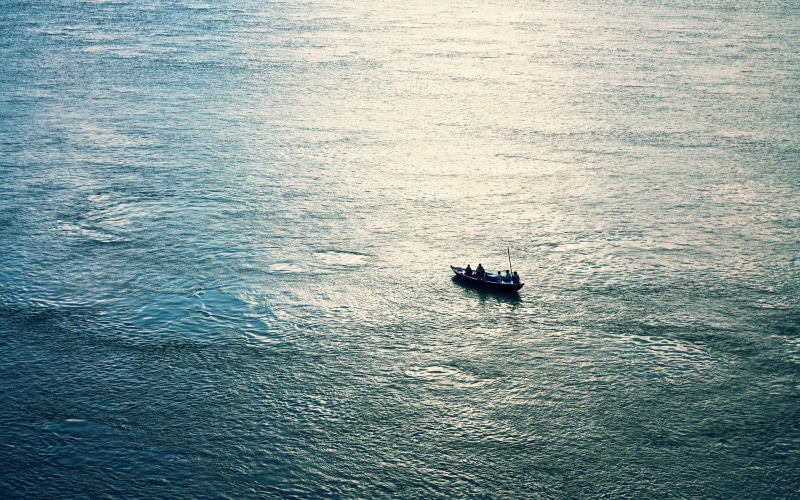 sea, transportation, high angle view, day, waterfront, scenics - nature, fisherman, nautical vessel, sailing, motion, nature, tranquility, boat, rippled