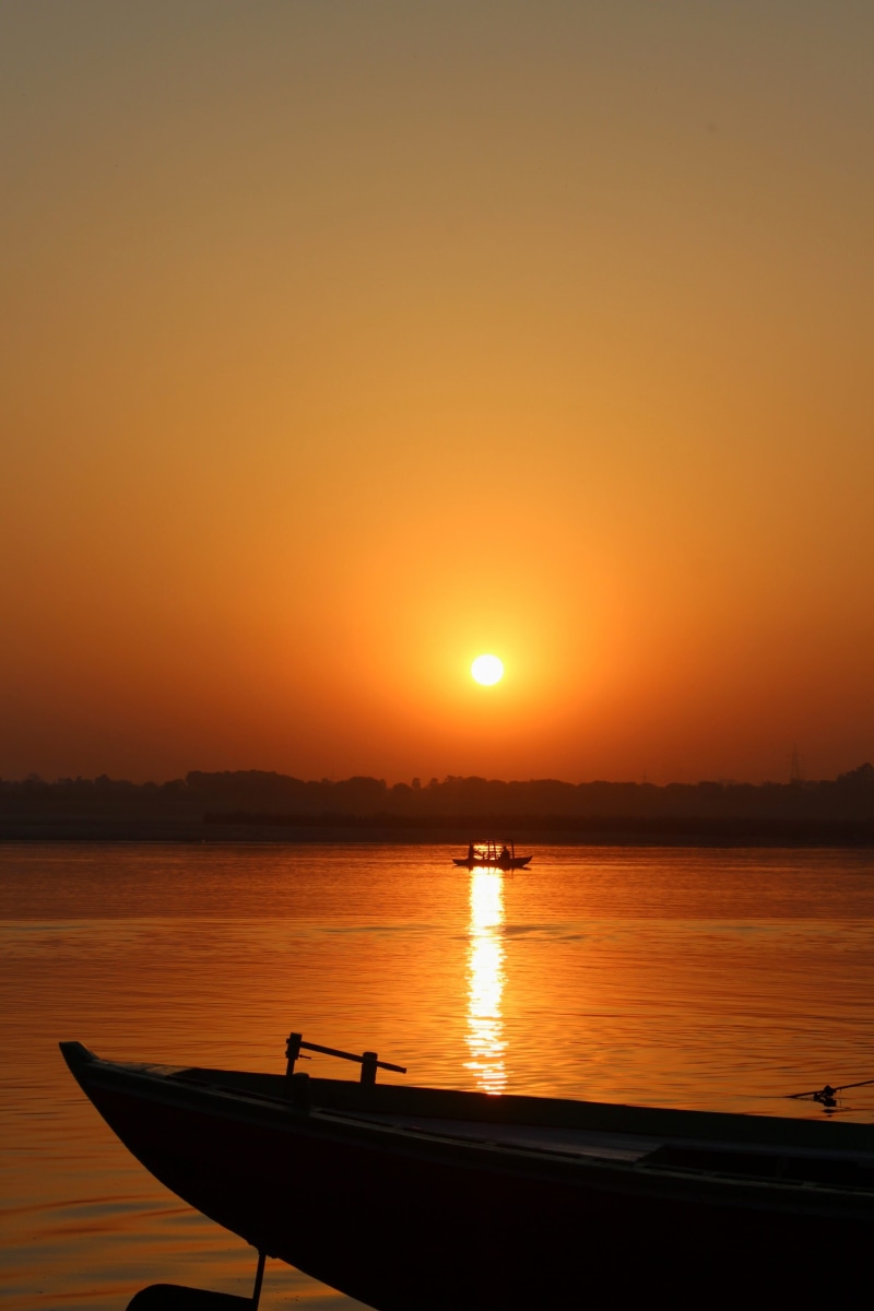 saturatedsunrise, orange color, sea, sun, reflection, tranquility, sky, india, holywater, sunrise, orange, mode of transportation, morning, photography