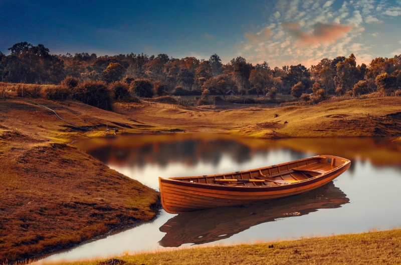 autumn, scenics - nature, non-urban scene, nature, nautical vessel, cloud - sky, day, beauty in nature, landscape, tranquil scene, brown, land, reflection