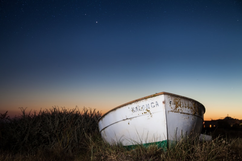 sunset, boat, Photoshop, 5K, barco, green, majorca, nature, dusk, rowboat, grasses, sky, white, mallorca