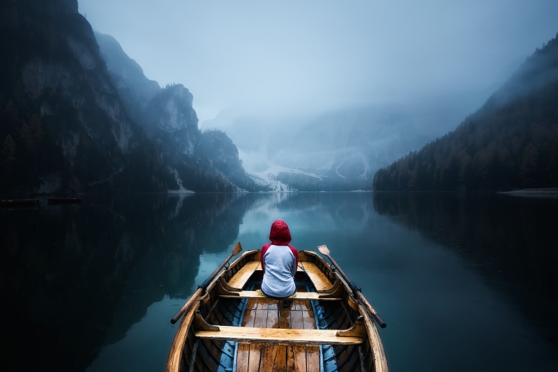 landscape, mountains, jacket, 1080P, lake, trees, sitting, people, nature, hoods, rowboat, rain, reflection, Stepan Zubkov, outdoors, boat