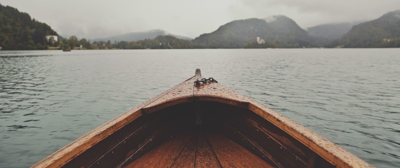 day, mountain, nautical vessel, outdoors, mountain range, nature, ultra-wide, 2K, sky, wood - material, animal themes, scenics - nature, photography, water