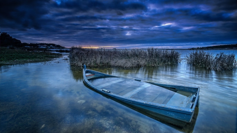 cloud - sky, outdoors, no people, bass, tranquil scene, rowboat, tranquility, blue, reflection, scenics - nature, sky, wreck, 1080P, clouds, water, transportation