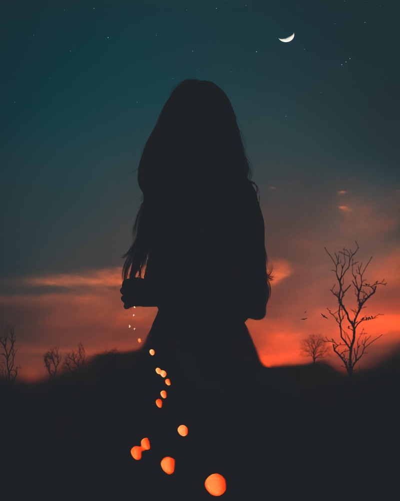 sunset, moon, backlit, stars, crescent moon, dawn, 2K, nature, sky, one person, silhouette, sunrise, cloud - sky, woman, photography, women, scenics - nature