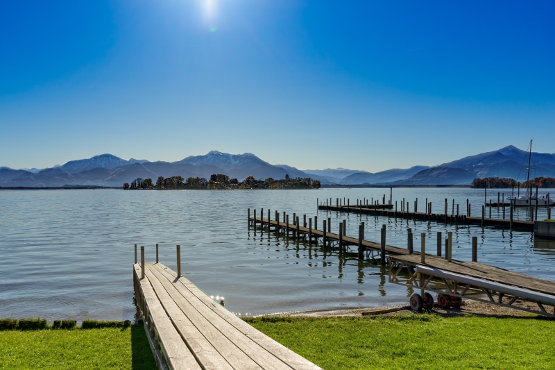 nature, day, Bavaria, wood - material, chiemsee, Mountains, clear sky, sky, holiday, vacation landscape, ladies island, View, wooden post, landscape, mountain