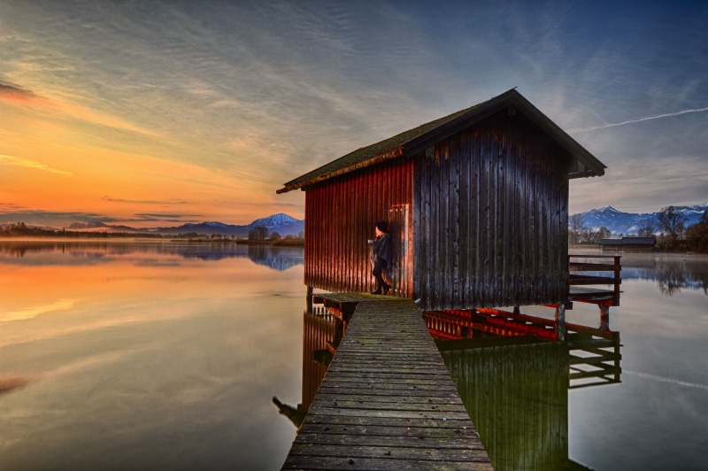 standing, jetty, Deutschland, Moment, sunlight, pier, Reflect, scenery, landscape, outdoors, orange, Chiemsee, Bayern, Man, house, bridge, beside, water
