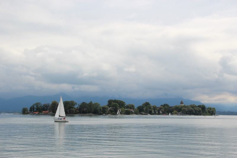 nature, outdoors, day, water, tranquility, chiemsee, cloud - sky, ladies island, clouds, tree, idyll, sailing boat, rain, sky, 5K, nautical vessel, waterfront