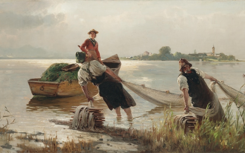 Carl Raup, 1880, 5K, Fishermen on lake Chiemsee, oil on canvas, Karl Raupp, Fishermen on Chiemsee Lake, Chiemseefischer, German painter