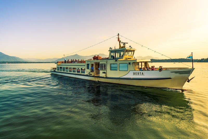 lake, passenger craft, boat, sea, luxury, water, outdoors, chiemgau, sail, journey, sunset, craft, motion, travel destinations, Chiemsee, Bavaria, beauty in nature
