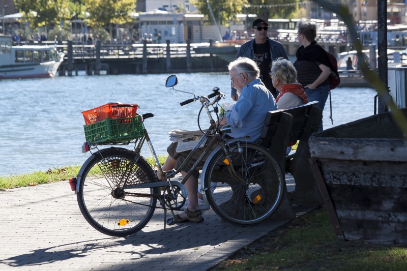 summer, water, women, sitting, full length, group of people, day, mode of transportation, beach promenade, men, transportation, 4K, land vehicle, street